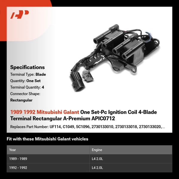 1989 1992 Mitsubishi Galant One Set-Pc Ignition Coil 4-Blade Terminal Rectangular A-Premium APIC0712
