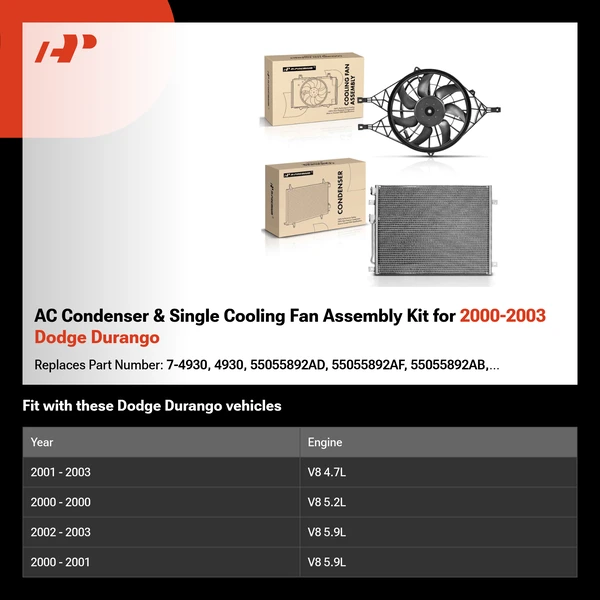 AC Condenser & Single Cooling Fan Assembly Kit for 2000-2003 Dodge Durango