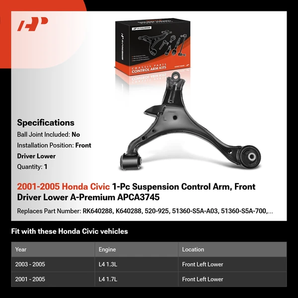 2001-2005 Honda Civic 1-Pc Suspension Control Arm, Front Driver Lower A-Premium APCA3745