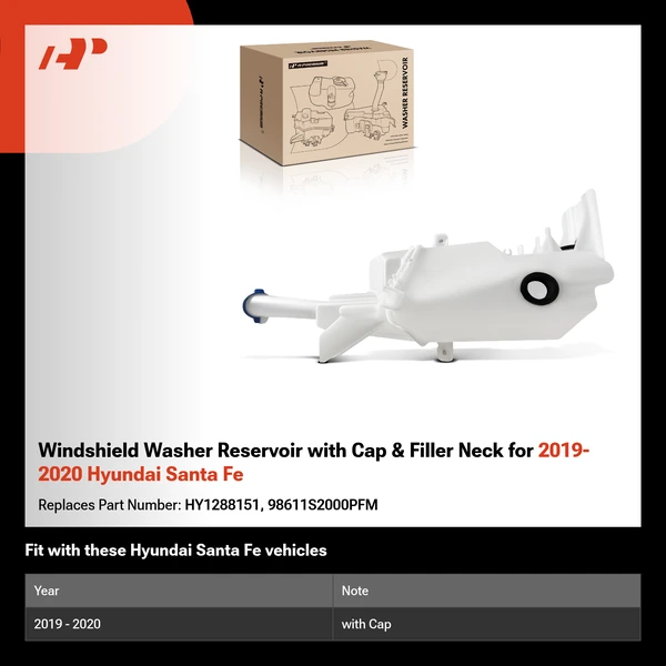 Windshield Washer Reservoir with Cap & Filler Neck for 2019-2020 Hyundai Santa Fe