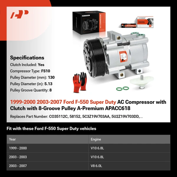 1999-2000 2003-2007 Ford F-550 Super Duty AC Compressor with Clutch with 8-Groove Pulley A-Premium APACC618