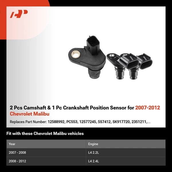 2 Pcs Camshaft & 1 Pc Crankshaft Position Sensor for 2007-2012 Chevrolet Malibu