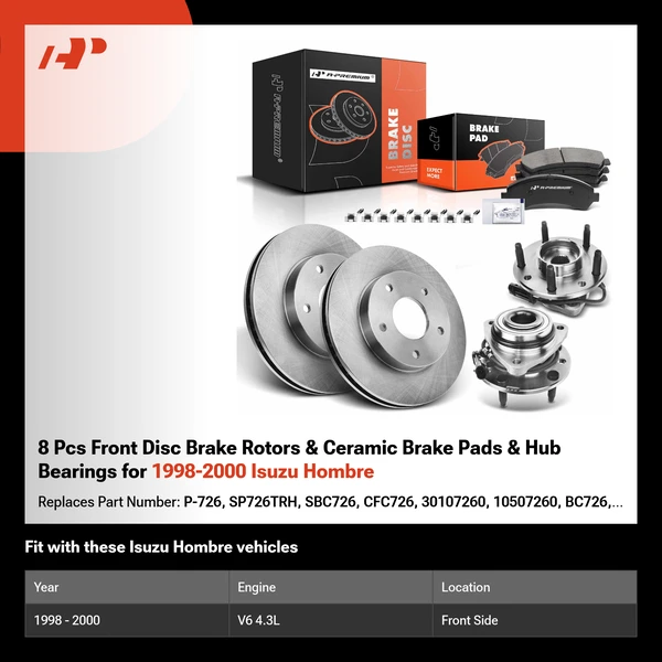 8 Pcs Front Disc Brake Rotors & Ceramic Brake Pads & Hub Bearings for 1998-2000 Isuzu Hombre