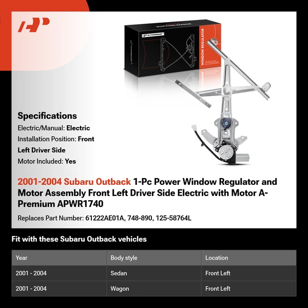 2001-2004 Subaru Outback 1-Pc Power Window Regulator and Motor Assembly Front Left Driver Side Electric with Motor A-Premium APWR1740