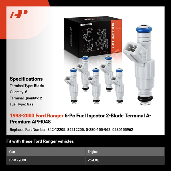 1998-2000 Ford Ranger 6-Pc Fuel Injector 2-Blade Terminal A-Premium APFI048