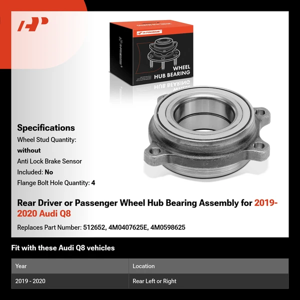 Rear Driver or Passenger Wheel Hub Bearing Assembly for 2019-2020 Audi Q8