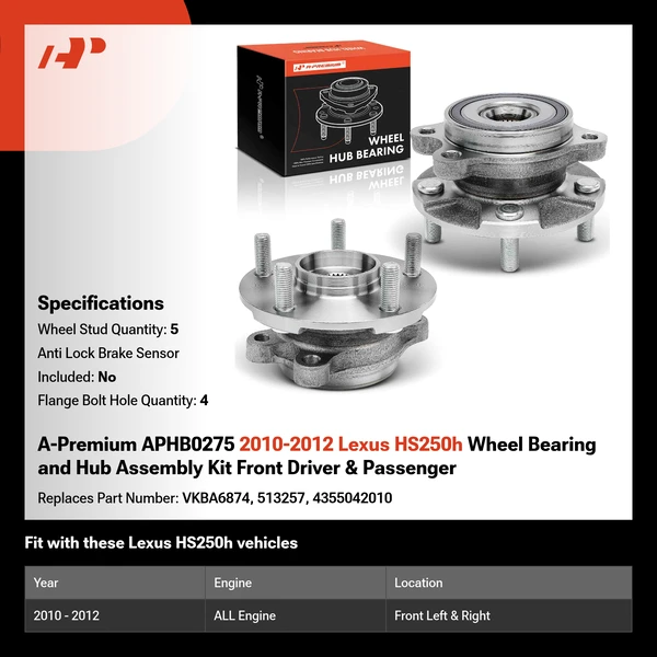 A-Premium APHB0275 2010-2012 Lexus HS250h Wheel Bearing and Hub Assembly Kit Front Driver & Passenger