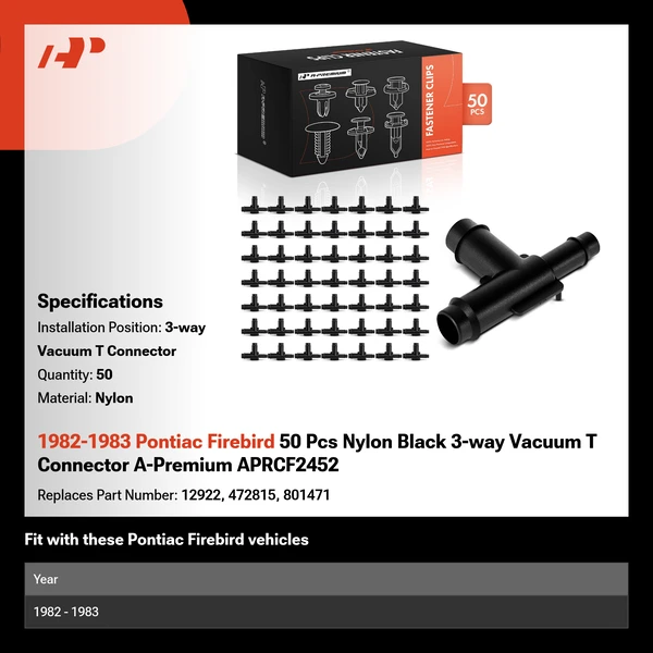 1982-1983 Pontiac Firebird 50 Pcs Nylon Black 3-way Vacuum T Connector A-Premium APRCF2452