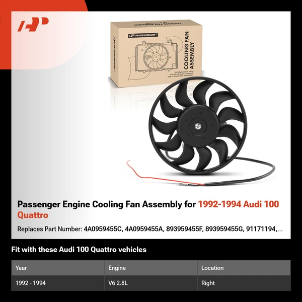 Passenger Engine Cooling Fan Assembly for 1992-1994 Audi 100 Quattro