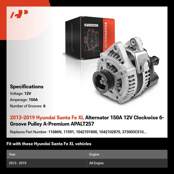 2013-2019 Hyundai Santa Fe XL Alternator 150A 12V Clockwise 6-Groove Pulley A-Premium APALT257