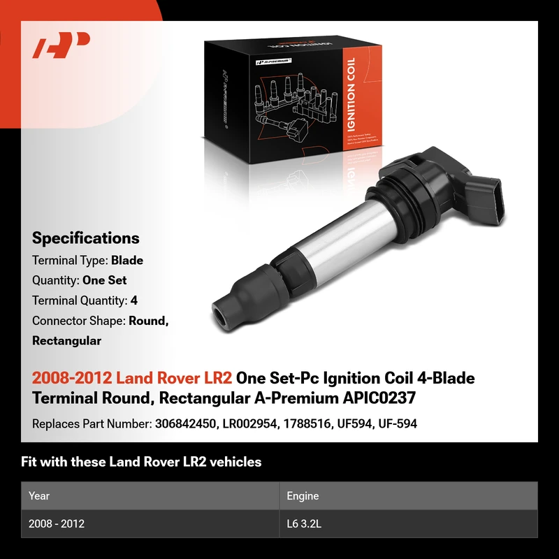 2008-2012 Land Rover LR2 One Set-Pc Ignition Coil 4-Blade Terminal Round, Rectangular A-Premium APIC0237