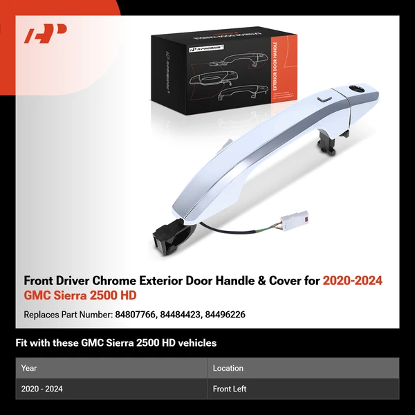 Front Driver Chrome Exterior Door Handle & Cover for 2020-2024 GMC Sierra 2500 HD