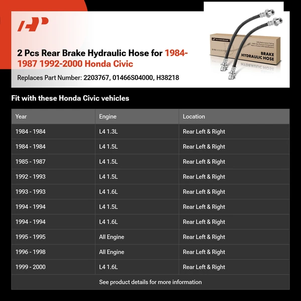 2 Pcs Rear Brake Hydraulic Hose for 1984-1987 1992-2000 Honda Civic