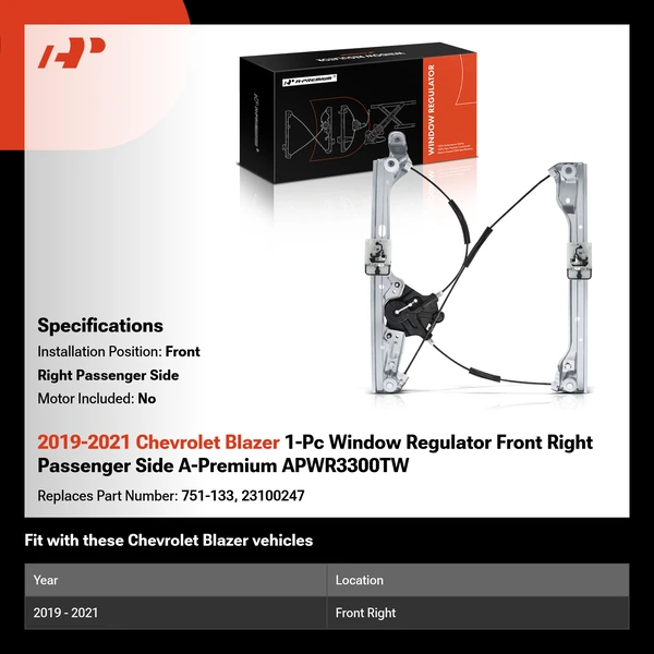 2019-2021 Chevrolet Blazer 1-Pc Window Regulator Front Right Passenger Side A-Premium APWR3300TW