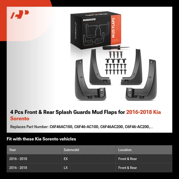 4 Pcs Front & Rear Splash Guards Mud Flaps for 2016-2018 Kia Sorento