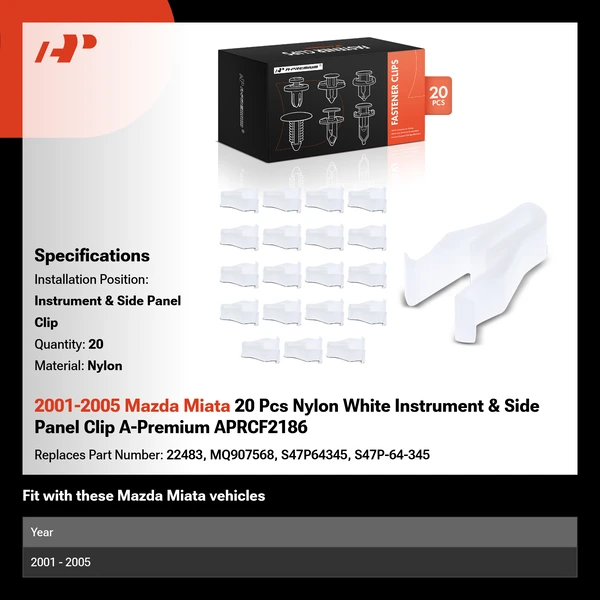 2001-2005 Mazda Miata 20 Pcs Nylon White Instrument & Side Panel Clip A-Premium APRCF2186