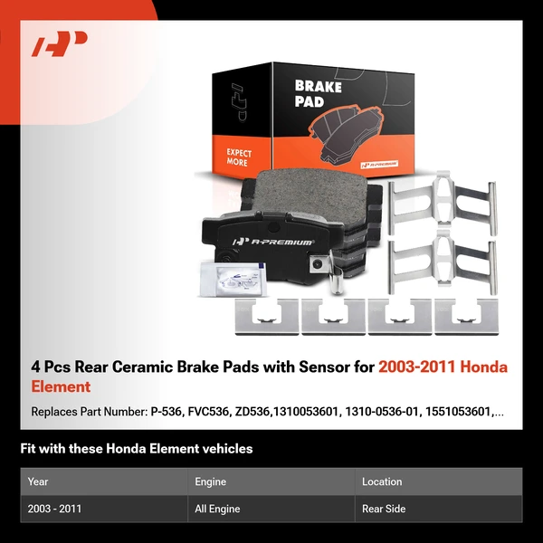4 Pcs Rear Ceramic Brake Pads with Sensor for 2003-2011 Honda Element