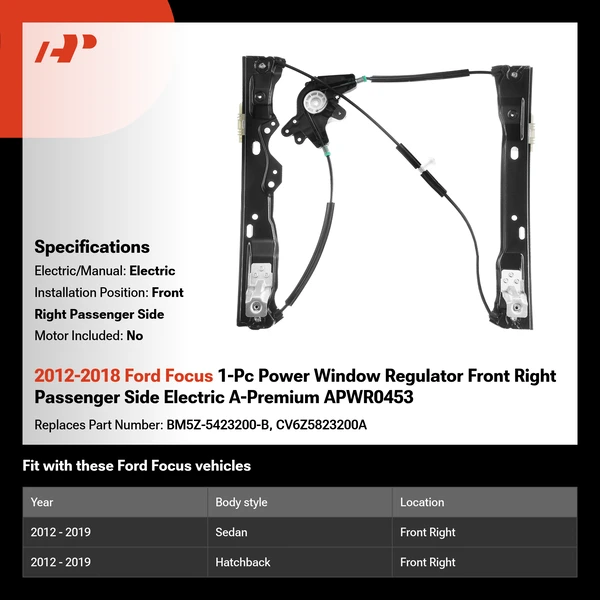 2012-2018 Ford Focus 1-Pc Power Window Regulator Front Right Passenger Side Electric A-Premium APWR0453