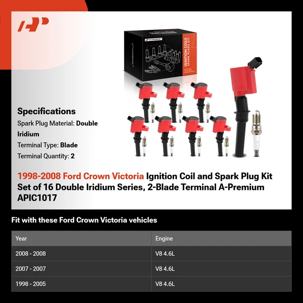 1998-2008 Ford Crown Victoria Ignition Coil and Spark Plug Kit Set of 16 Double Iridium Series, 2-Blade Terminal A-Premium APIC1017
