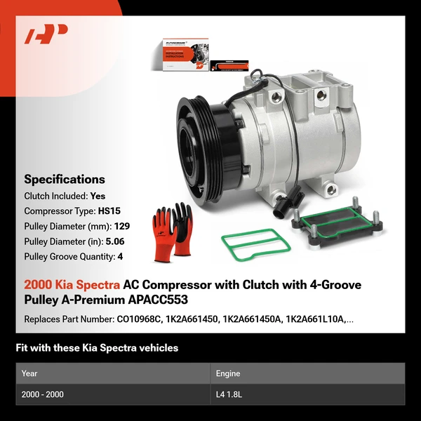 2000 Kia Spectra AC Compressor with Clutch with 4-Groove Pulley A-Premium APACC553