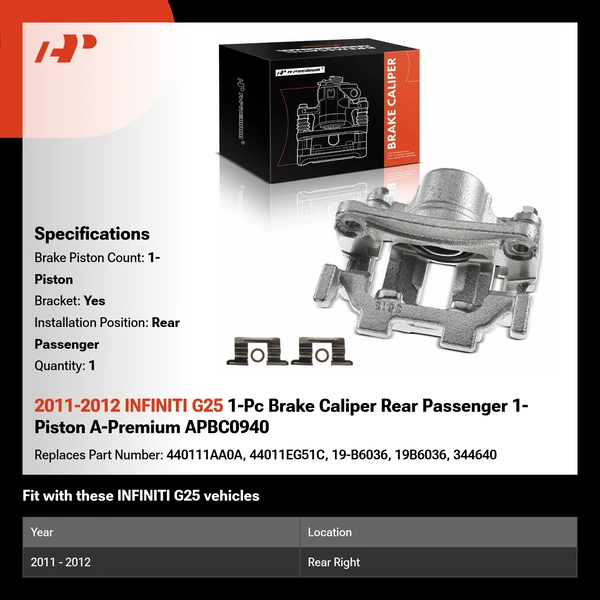 2011-2012 INFINITI G25 1-Pc Brake Caliper Rear Passenger 1-Piston A-Premium APBC0940