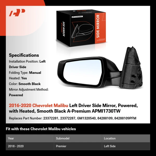 2016-2020 Chevrolet Malibu Left Driver Side Mirror, Powered, with Heated, Smooth Black A-Premium APMI1730TW