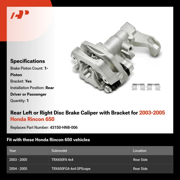 Rear Left or Right Disc Brake Caliper with Bracket for 2003-2005 Honda Rincon 650