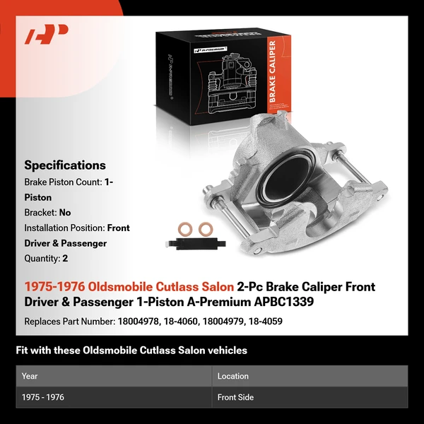 1975-1976 Oldsmobile Cutlass Salon 2-Pc Brake Caliper Front Driver & Passenger 1-Piston A-Premium APBC1339