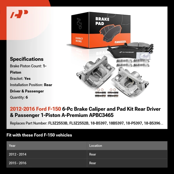 2012-2016 Ford F-150 6-Pc Brake Caliper and Pad Kit Rear Driver & Passenger 1-Piston A-Premium APBC3465