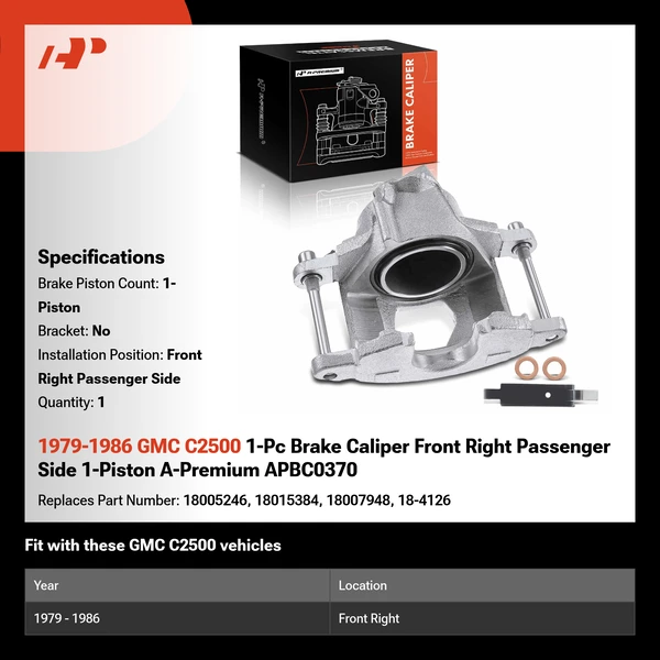 1979-1986 GMC C2500 1-Pc Brake Caliper Front Right Passenger Side 1-Piston A-Premium APBC0370