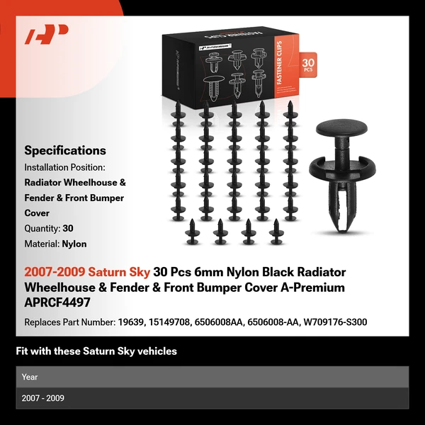 2007-2009 Saturn Sky 30 Pcs 6mm Nylon Black Radiator Wheelhouse & Fender & Front Bumper Cover A-Premium APRCF4497
