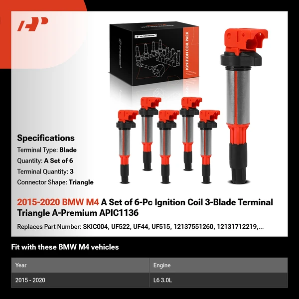 2015-2020 BMW M4 A Set of 6-Pc Ignition Coil 3-Blade Terminal Triangle A-Premium APIC1136