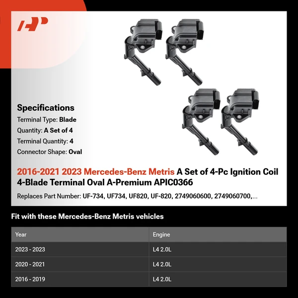 2016-2021 2023 Mercedes-Benz Metris A Set of 4-Pc Ignition Coil 4-Blade Terminal Oval A-Premium APIC0366