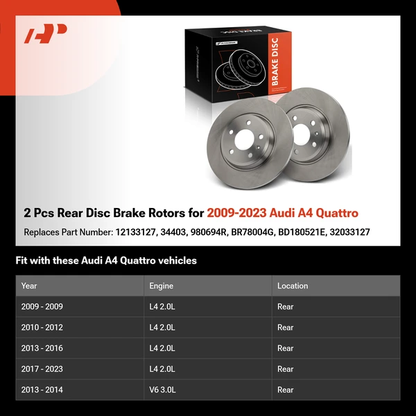 2 Pcs Rear Disc Brake Rotors for 2009-2023 Audi A4 Quattro