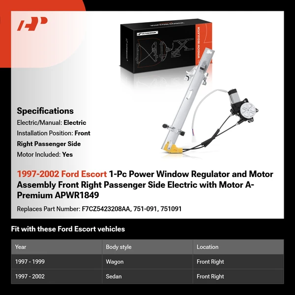 1997-2002 Ford Escort 1-Pc Power Window Regulator and Motor Assembly Front Right Passenger Side Electric with Motor A-Premium APWR1849