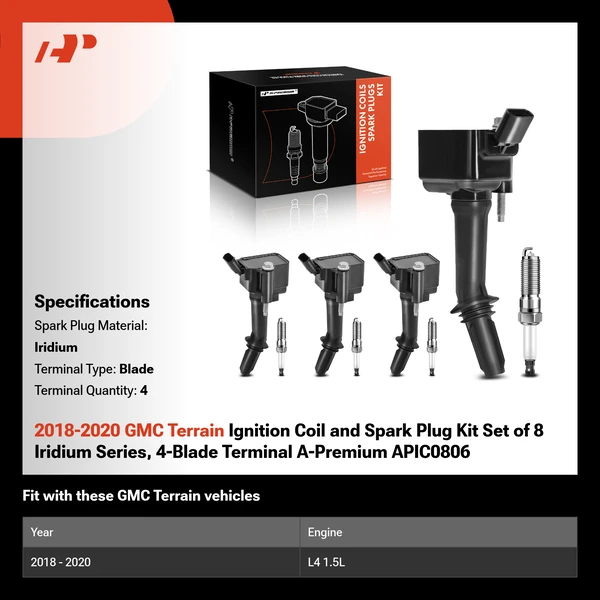 2018-2020 GMC Terrain Ignition Coil and Spark Plug Kit Set of 8 Iridium Series, 4-Blade Terminal A-Premium APIC0806