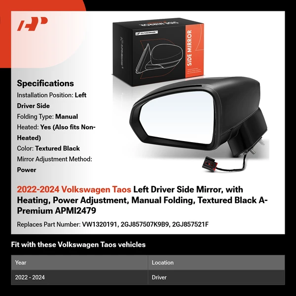 2022-2024 Volkswagen Taos Left Driver Side Mirror, with Heating, Power Adjustment, Manual Folding, Textured Black A-Premium APMI2479