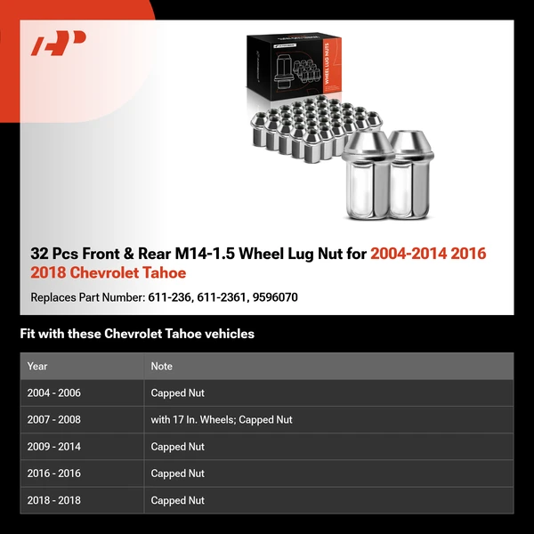 32 Pcs Front & Rear M14-1.5 Wheel Lug Nut for 2004-2014 2016 2018 Chevrolet Tahoe