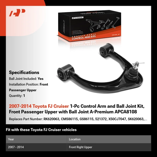 2007-2014 Toyota FJ Cruiser 1-Pc Control Arm and Ball Joint Kit, Front Passenger Upper with Ball Joint A-Premium APCA8108