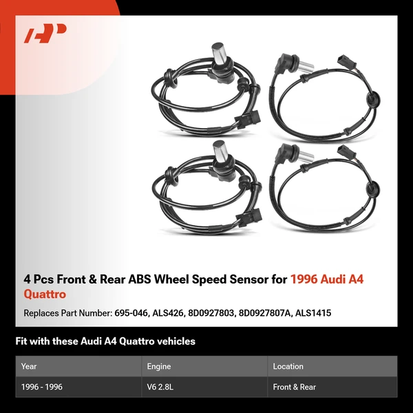 4 Pcs Front & Rear ABS Wheel Speed Sensor for 1996 Audi A4 Quattro