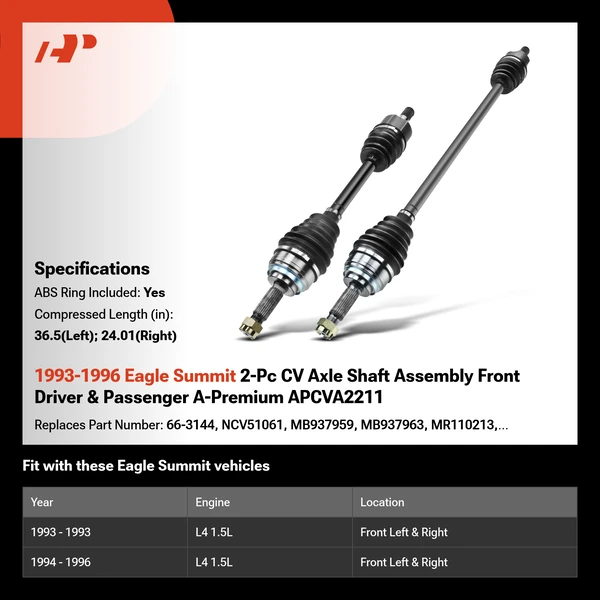 1993-1996 Eagle Summit 2-Pc CV Axle Shaft Assembly Front Driver & Passenger A-Premium APCVA2211