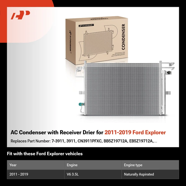 AC Condenser with Receiver Drier for 2011-2019 Ford Explorer