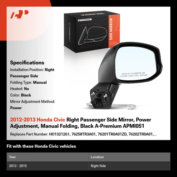 2012-2013 Honda Civic Right Passenger Side Mirror, Power Adjustment, Manual Folding, Black A-Premium APMI051