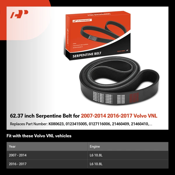 62.37 inch Serpentine Belt for 2007-2014 2016-2017 Volvo VNL