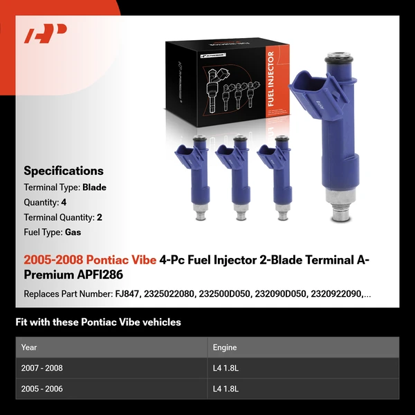 2005-2008 Pontiac Vibe 4-Pc Fuel Injector 2-Blade Terminal A-Premium APFI286