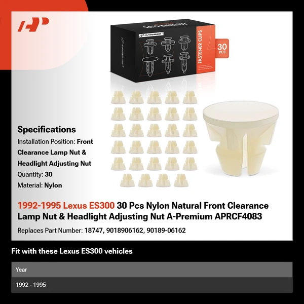 1992-1995 Lexus ES300 30 Pcs Nylon Natural Front Clearance Lamp Nut & Headlight Adjusting Nut A-Premium APRCF4083