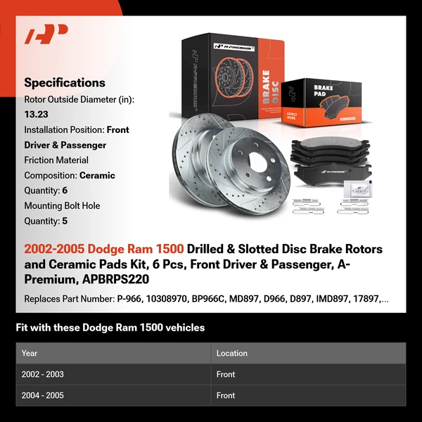 2002-2005 Dodge Ram 1500 Drilled & Slotted Disc Brake Rotors and Ceramic Pads Kit, 6 Pcs, Front Driver & Passenger, A-Premium, APBRPS220