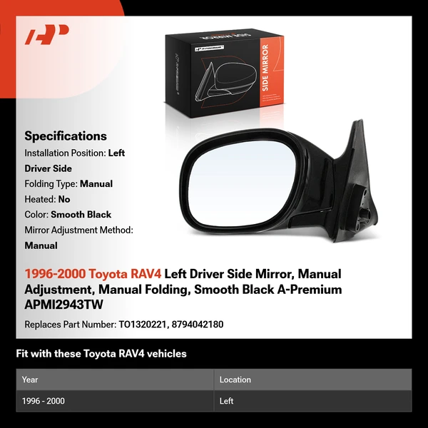 1996-2000 Toyota RAV4 Left Driver Side Mirror, Manual Adjustment, Manual Folding, Smooth Black A-Premium APMI2943TW