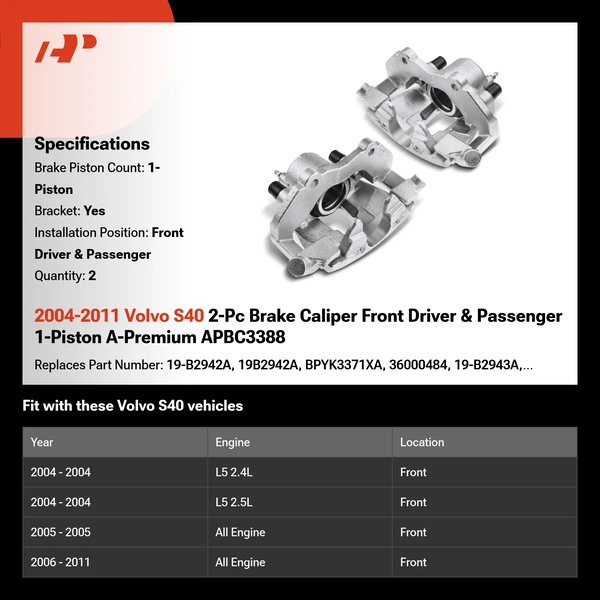 2004-2011 Volvo S40 2-Pc Brake Caliper Front Driver & Passenger 1-Piston A-Premium APBC3388