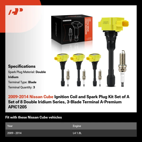 2009-2014 Nissan Cube Ignition Coil and Spark Plug Kit Set of A Set of 8 Double Iridium Series, 3-Blade Terminal A-Premium APIC1205